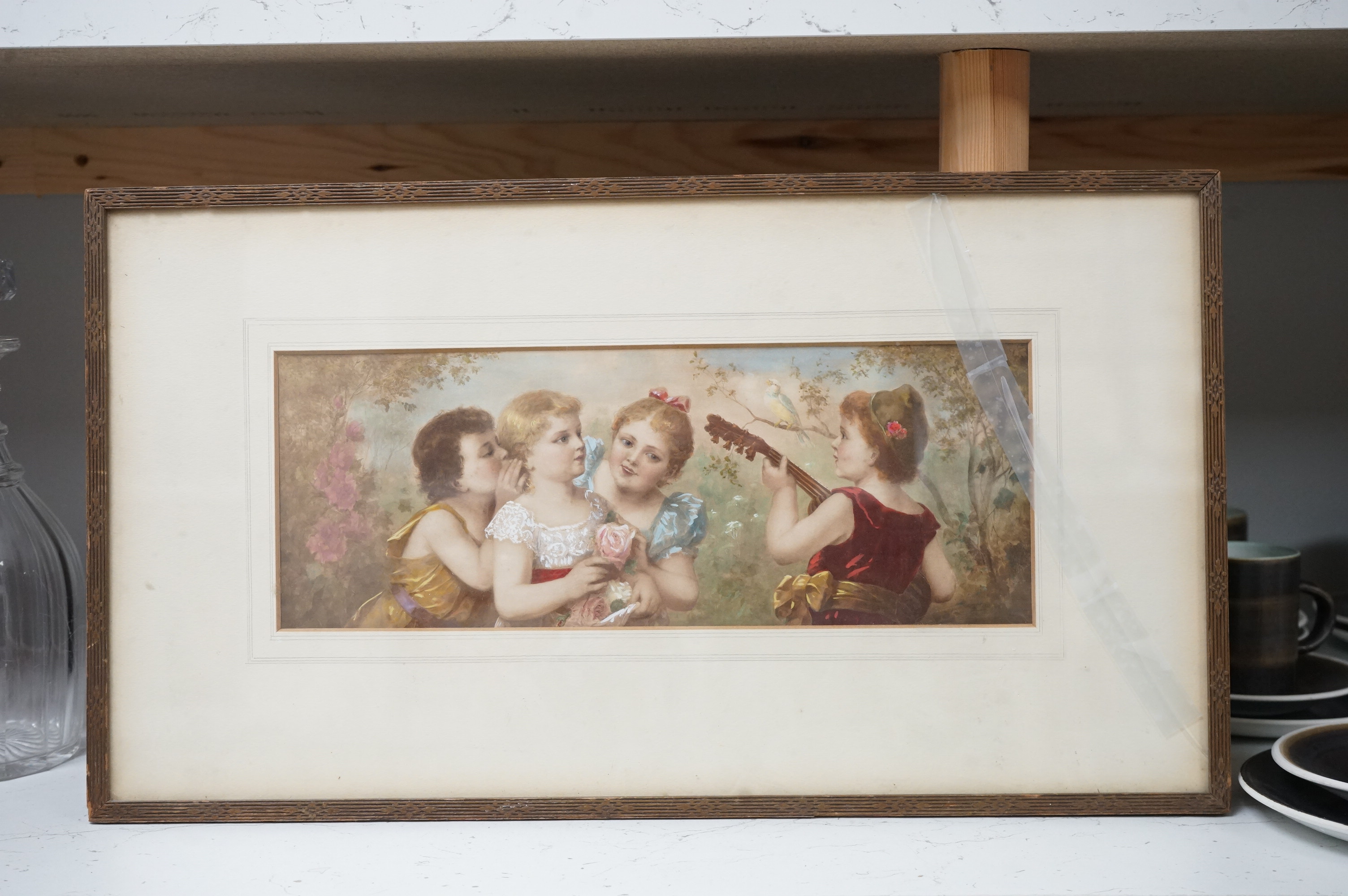 A late 19th / early 20th century French School, watercolour, Four children before flowers and birds, 13 x 33cm